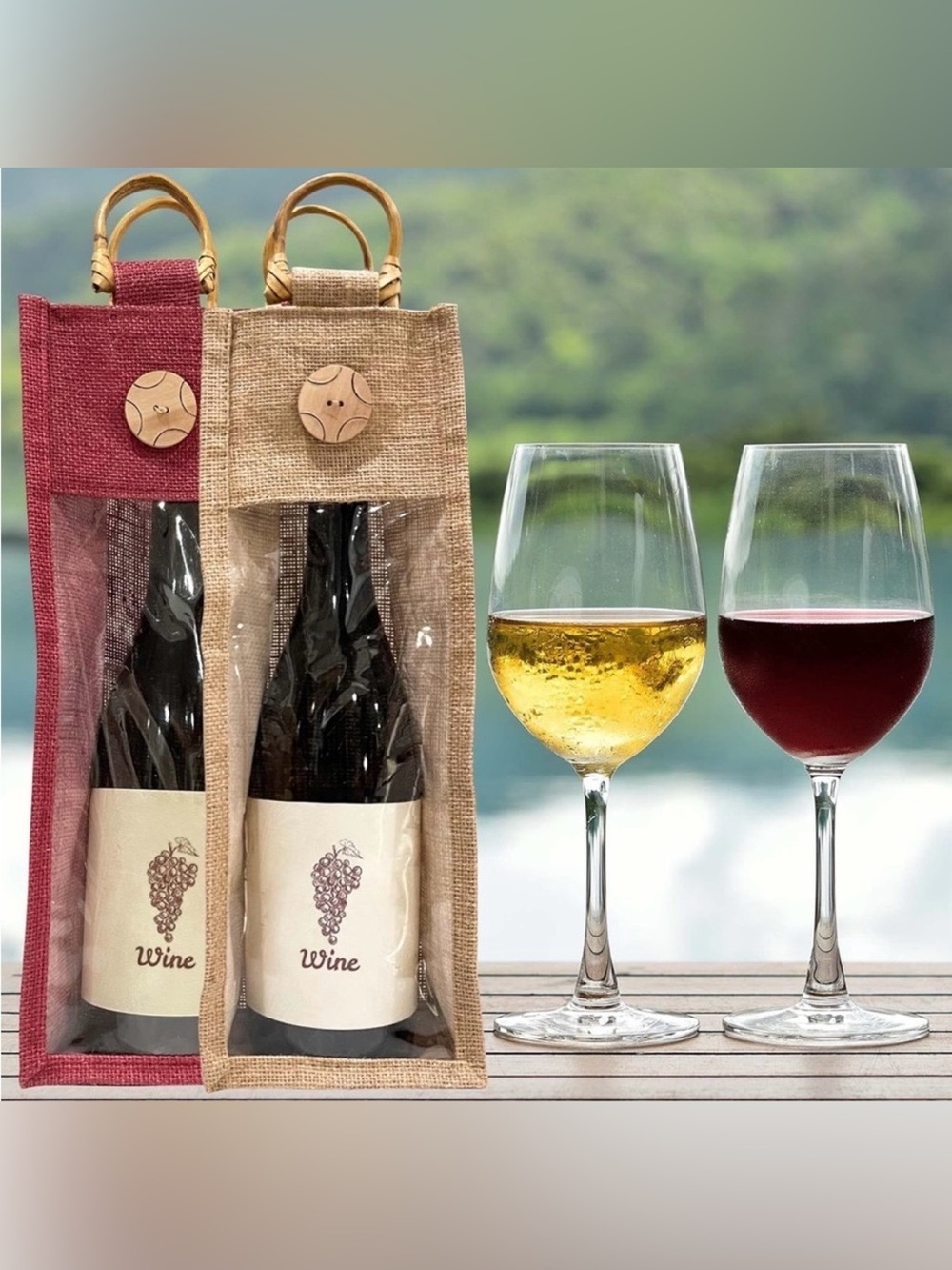 Natural Burlap Wine Bottle Gift Bag with Clear Window - Red